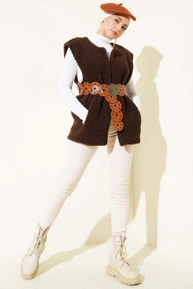 Kemerli Peluş Yelek Kahve - Resim 2