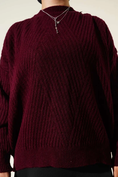 Çizgi Kabartmalı Triko Kazak Bordo - Resim 4