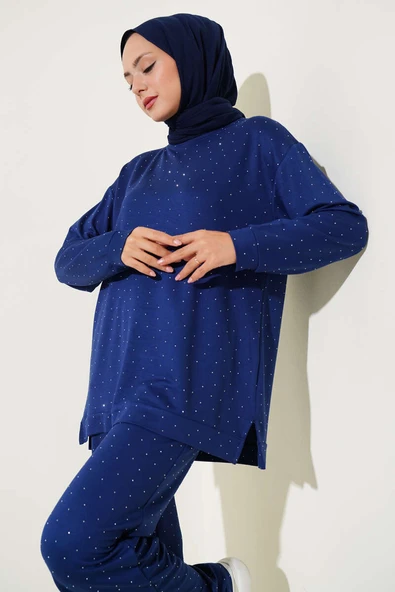 Loyşa Mini Taşlı Süslemeli İkili Takım Lacivert - Resim 2