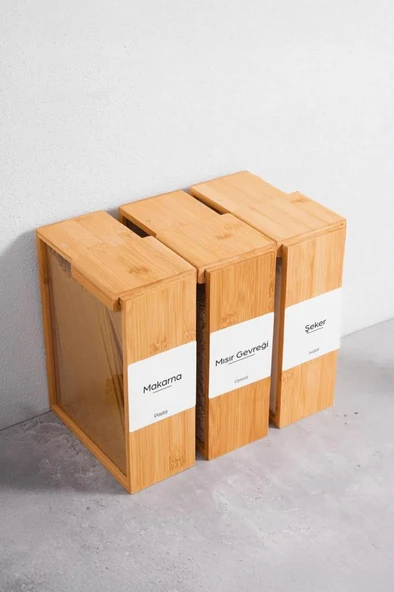 Digithome Bambu 3'lü Saklama Kutusu Etiketli Dikdörtgen Bakliyat Saklama Kabı Gıda Organizeri-MG-002 - Resim 2