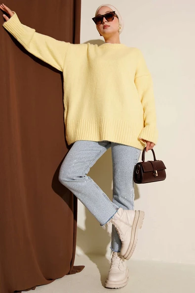 Basic Oversize Triko Tunik Sarı - Resim 2