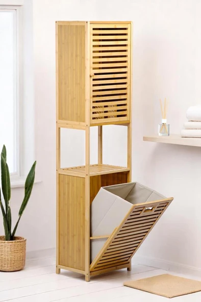 Digithome Bambu Kirli Sepetli 1 Raflı Kapaklı Banyo Dolabı Banyo Düzenleyici Çamaşır Sepeti Organizer DB-0010 - Resim 3