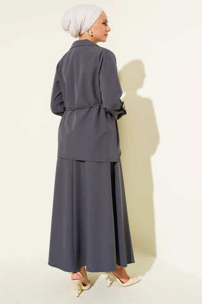 Kruvaze Yaka Gold Düğmeli Dabıl İkili Takım Füme - Resim 3