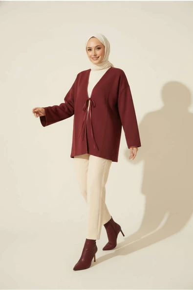 Deri Biyeli Fitilli Görünümlü Kimono Bordo - Resim 2