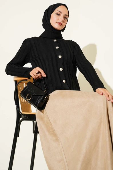 Fitilli Düğmeli Triko Hırka Siyah ürün görseli 1