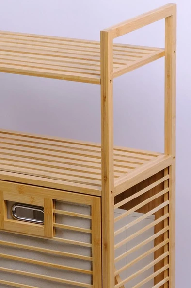 Digithome Bambu 2'li Kirli Sepetli 2 Raflı Çok Amaçlı Banyo Düzenleyici Çamaşır Sepeti DB-0040 - Resim 5