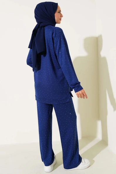 Loyşa Mini Taşlı Süslemeli İkili Takım Lacivert - Resim 3