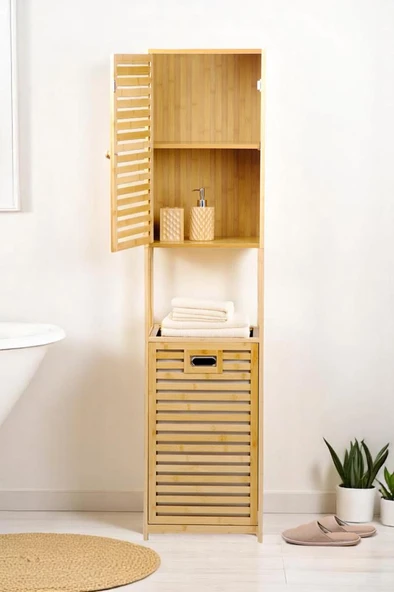 Digithome Bambu Kirli Sepetli 1 Raflı Kapaklı Banyo Dolabı Banyo Düzenleyici Çamaşır Sepeti Organizer DB-0010 - Resim 2