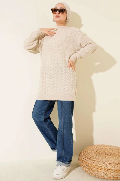 Zigzag Örgü Triko Tunik Bej - Resim 2