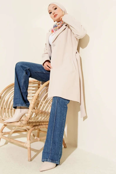 Tek Omuz Apoletli Düğme Detaylı Kaşe Kaban Bej - Resim 2