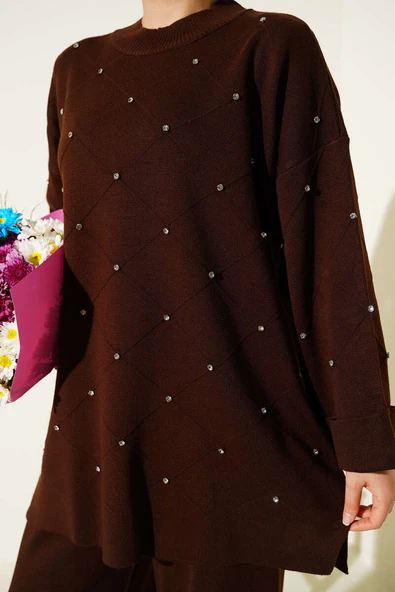 Taşlı Baklava Desen Triko İkili Takım Kahve - Resim 4