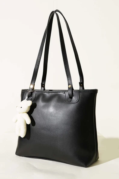 İnce Kulplu Ayıcık Aksesuarlı Çanta Siyah Siyah ürün görseli 1