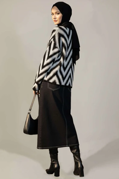 Zigzag Desen Triko Kazak Siyah - Resim 3