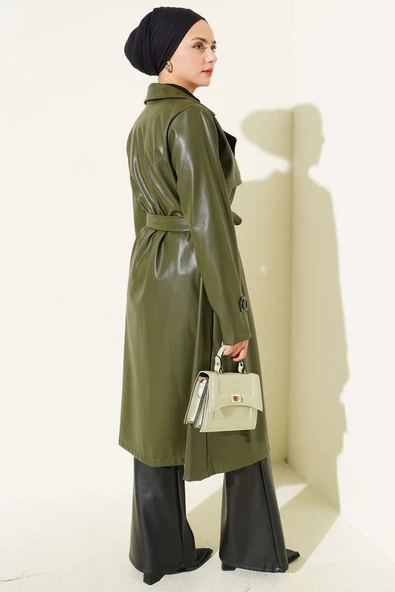 Tek Düğmeli Kuşaklı Deri Trençkot Haki - Resim 3
