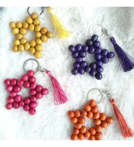 tahta Boncuk püsküllü Yıldız Anahtarlık Düğün Nişan Kına Hediyelik Sünnet Günü Özel (35 adet) ürün görseli