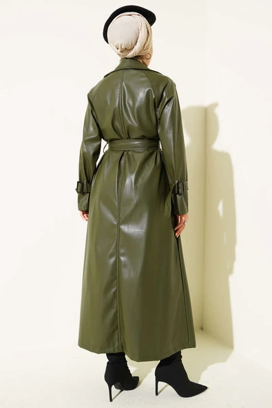 Düğmeli Kuşaklı Deri Trençkot Haki - Resim 3