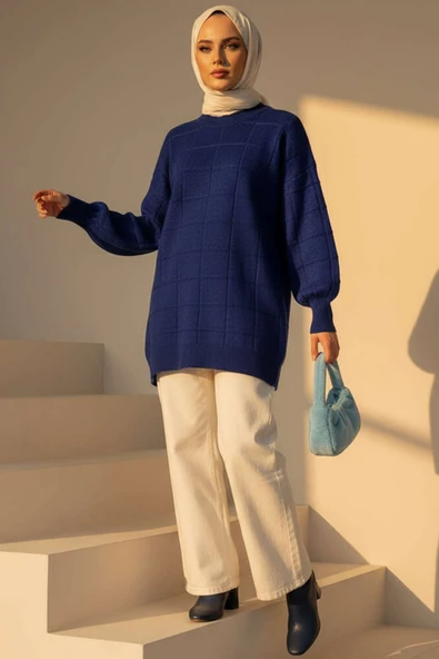 Kare Kabartmalı Yumoş Triko Tunik Lacivert - Resim 2