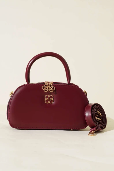Oval Çift Fermuarlı Çanta Bordo - Resim 2