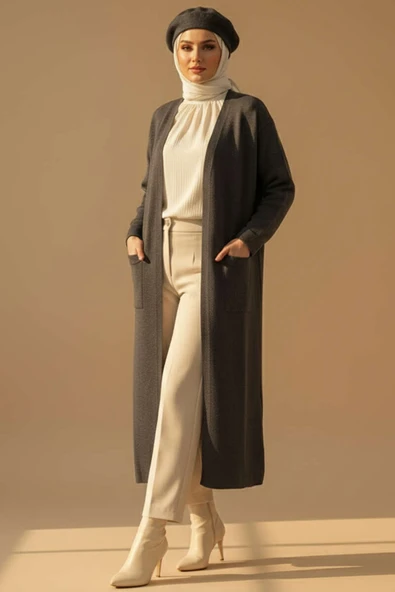 Basic Çift Cepli Uzun Triko Hırka Füme ürün görseli