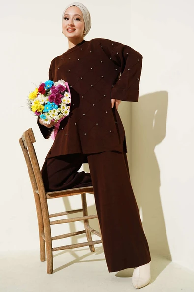 Taşlı Baklava Desen Triko İkili Takım Kahve ürün görseli 1