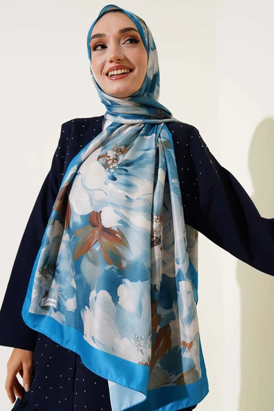 Çiçek Desen Twill Şal Mavi - Resim 2