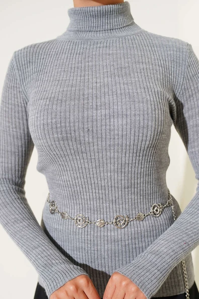 Balıkçı Yaka Parmak Geçirmeli Triko Kazak Gri - Resim 4