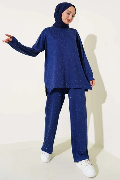 Loyşa Mini Taşlı Süslemeli İkili Takım Lacivert ürün görseli 1