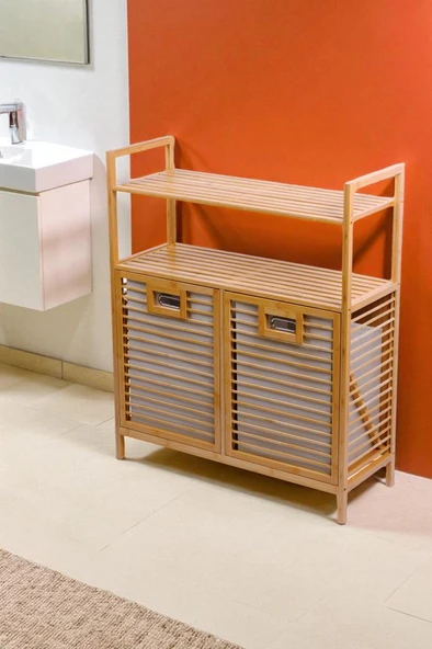 Digithome Bambu 2'li Kirli Sepetli 2 Raflı Çok Amaçlı Banyo Düzenleyici Çamaşır Sepeti DB-0040 - Resim 4