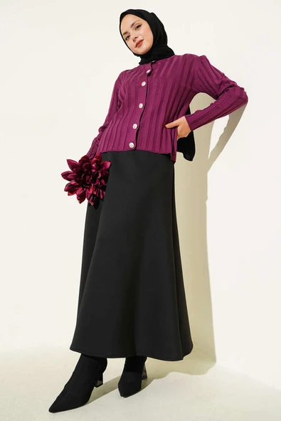 Fitilli Düğmeli Triko Hırka Mürdüm - Resim 2