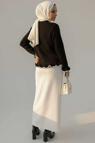 Fırfırlı İnci Düğmeli Triko Hırka Siyah - Resim 3