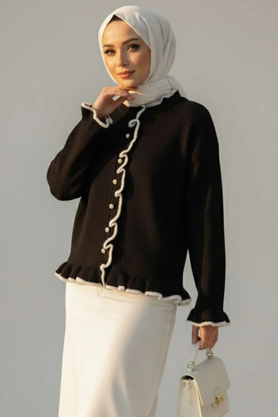 Fırfırlı İnci Düğmeli Triko Hırka Siyah ürün görseli