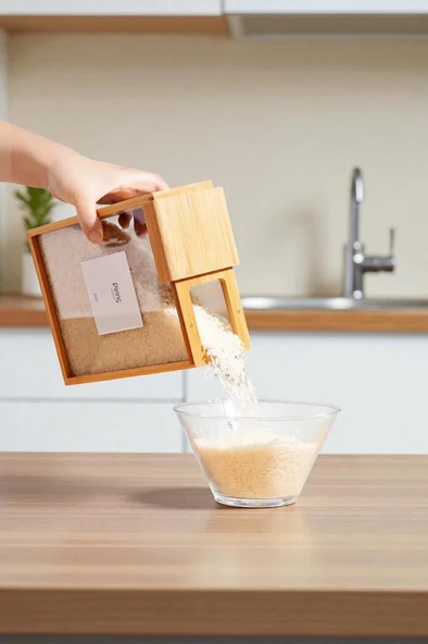 Digithome Bambu 3'lü Saklama Kutusu Etiketli Dikdörtgen Bakliyat Saklama Kabı Gıda Organizeri-MG-002 - Resim 4