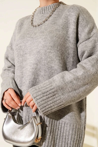 Basic Oversize Triko Tunik Gri - Resim 4