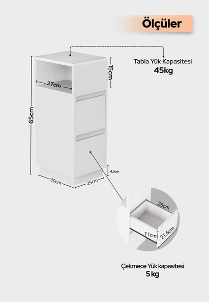 Alve Dar Komodin – 2 Çekmeceli, Değiştirilebilir Açık Bölmeli Yan Sehpa Yatak Odası & Oturma Odası Minimal Tasarım - Resim 7