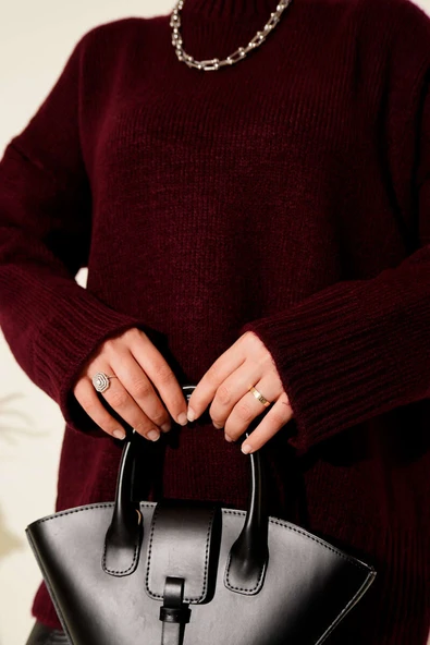 Basic Oversize Triko Tunik Bordo - Resim 4