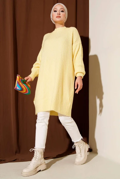Asimetrik Kabartma Çizgili Triko Tunik Sarı - Resim 2