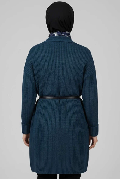 Şal Yaka Pirinç Örgü Triko Hırka Petrol - Resim 3