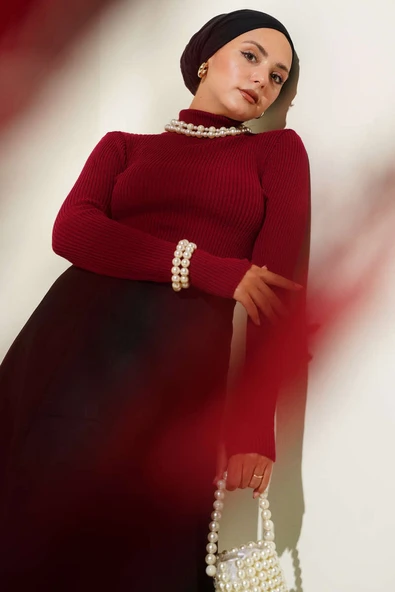 Balıkçı Yaka Parmak Geçirmeli Triko Kazak Bordo ürün görseli 1