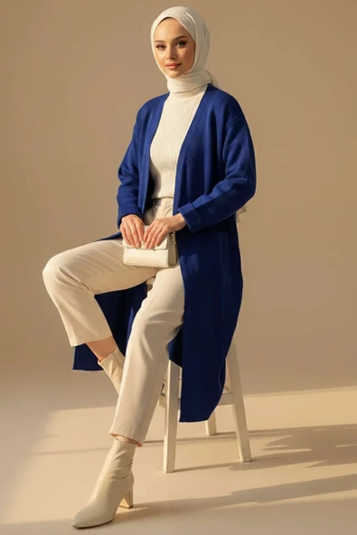 Basic Çift Cepli Uzun Triko Hırka Lacivert - Resim 2