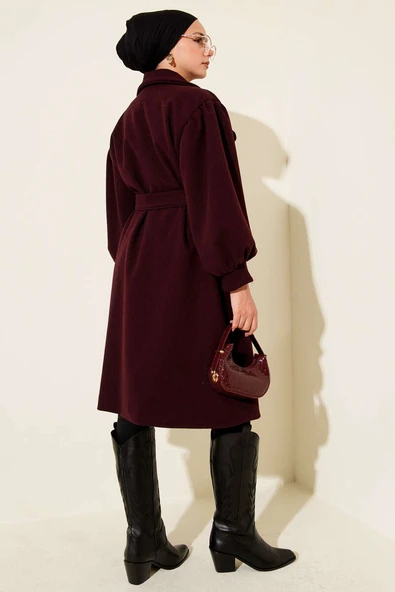 Balon Kol Düğmeli Kaşe Kaban Bordo - Resim 3