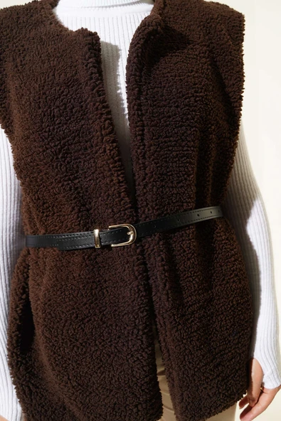 Kemerli Peluş Yelek Kahve - Resim 4