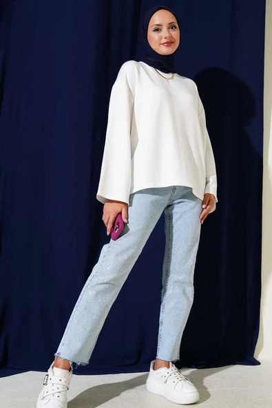 Loyşa Düşük Omuz Basic Tunik Ekru - Resim 2