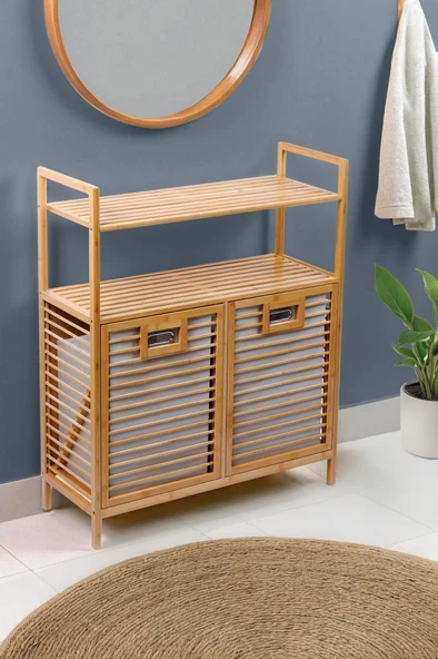 Digithome Bambu 2'li Kirli Sepetli 2 Raflı Çok Amaçlı Banyo Düzenleyici Çamaşır Sepeti DB-0040 - Resim 2