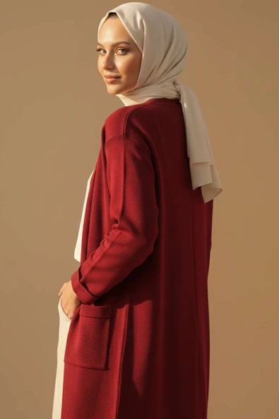 Basic Çift Cepli Uzun Triko Hırka Bordo - Resim 3