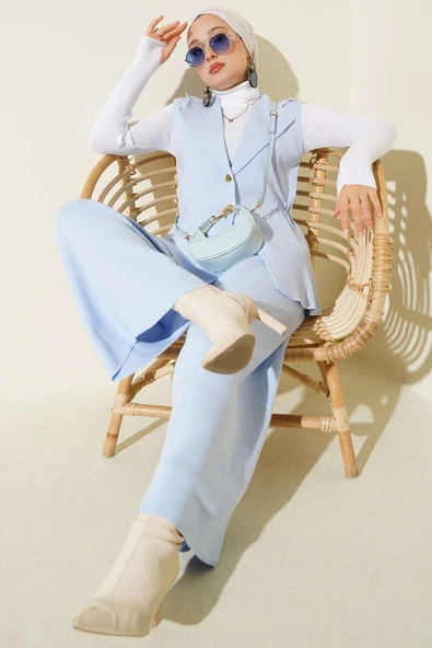 Kruvaze Yelekli İkili Triko Takım Mavi ürün görseli 1