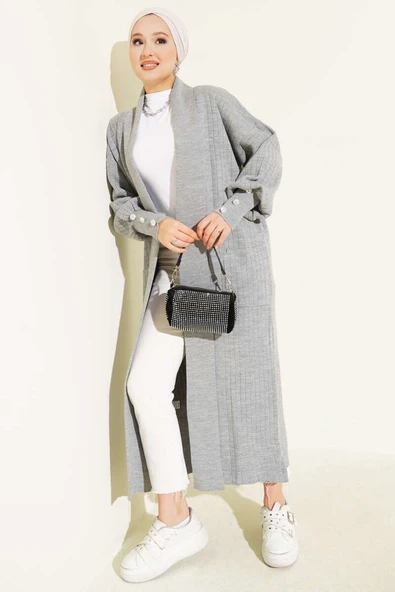 Kol Ucu Düğmeli Şal Yaka Triko Hırka Gri - Resim 2