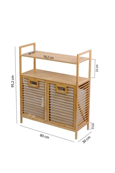 Digithome Bambu 2'li Kirli Sepetli 2 Raflı Çok Amaçlı Banyo Düzenleyici Çamaşır Sepeti DB-0040 - Resim 7