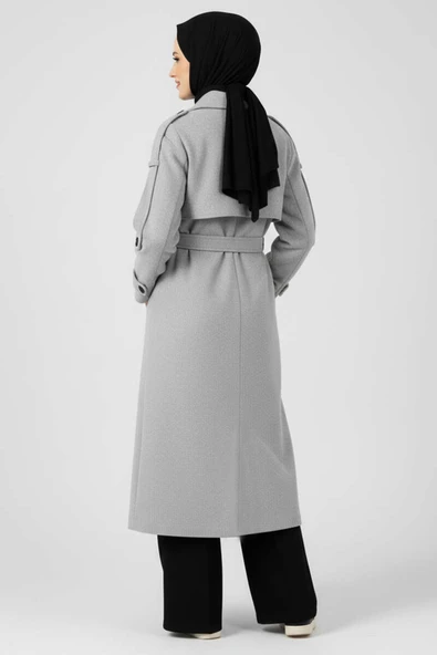 Kuşaklı Düğme Detaylı Kaşe Kaban Gri - Resim 3