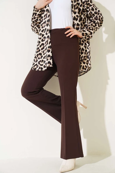 İspanyol Paça Bel Lastikli Dabıl Pantolon Acı Kahve ürün görseli 1