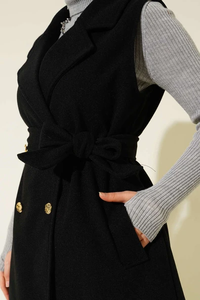 Sıfır Kol Kuşaklı Kaşe Yelek Siyah - Resim 4